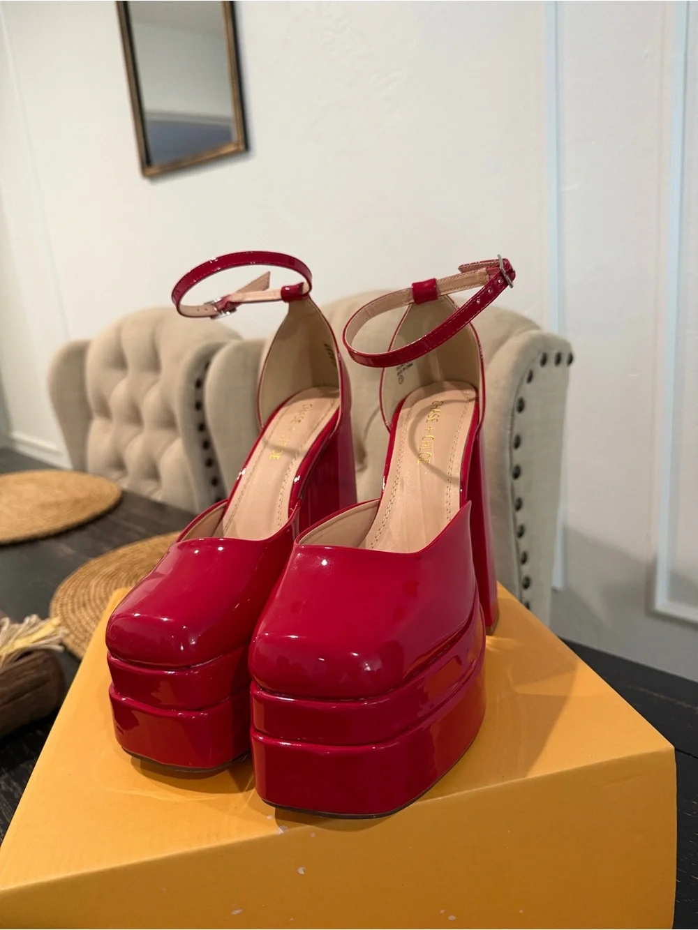 Chase + Chloe Red Patent Platform Ankle-Strap Heels